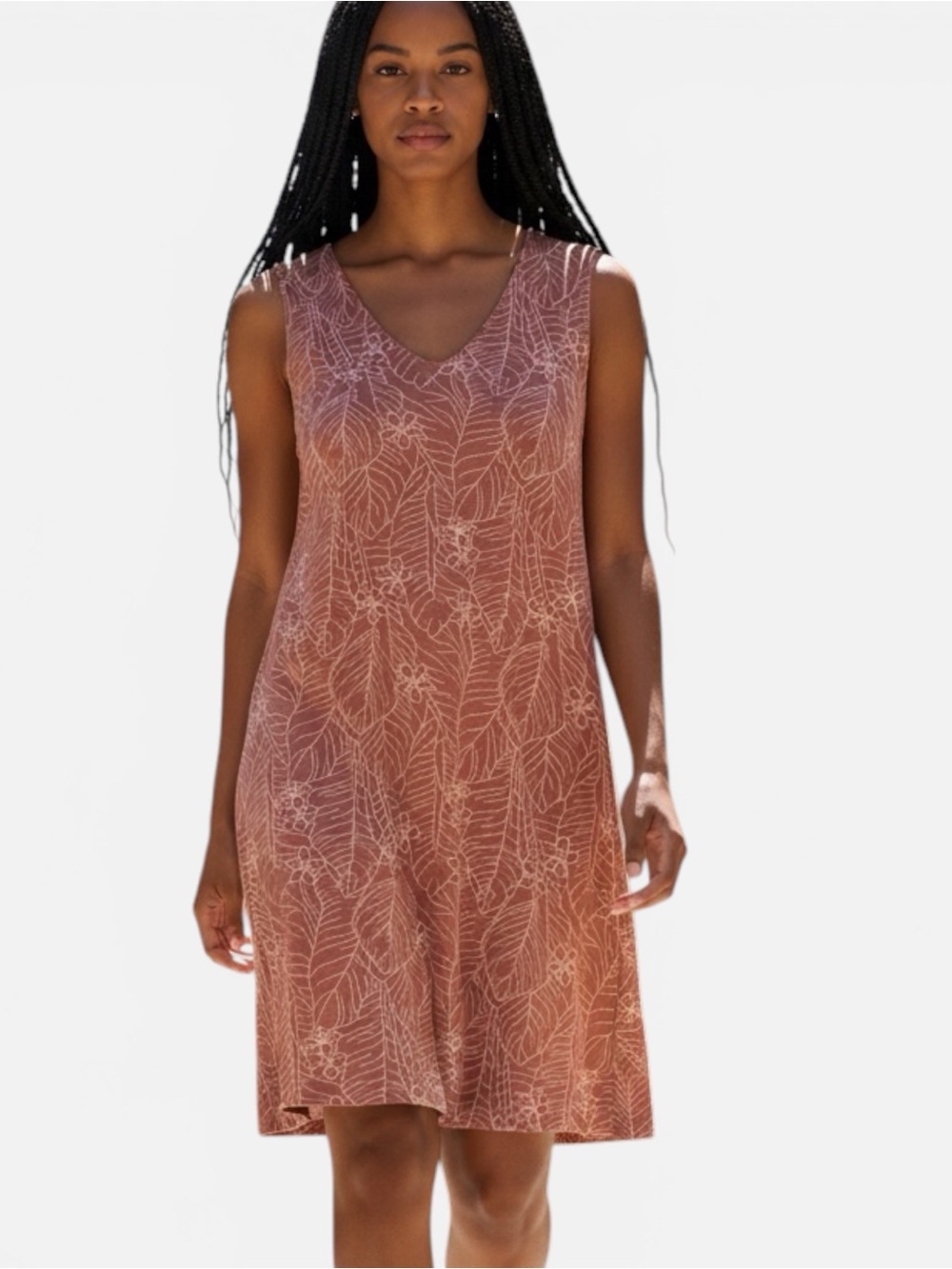 Orvis Coral and Cream Leaf-Print Sleeveless Dress
